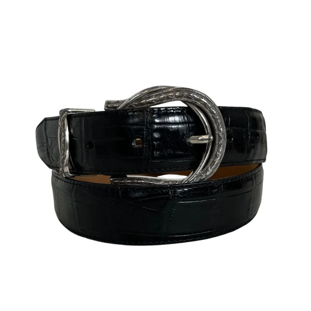 Brighton Womens Belt Black Croc Embossed Leather w Silver Barb Wire Buckle L 34